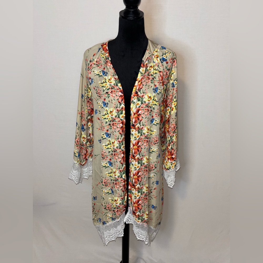 Relipop Tan Lace-Trimmed Floral Sheer Open Front Cardigan